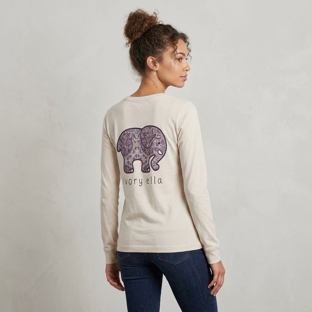 Ivory Ella Long Sleeve Paisley Elephant Graphic Pocket Tee Cream Womens XS